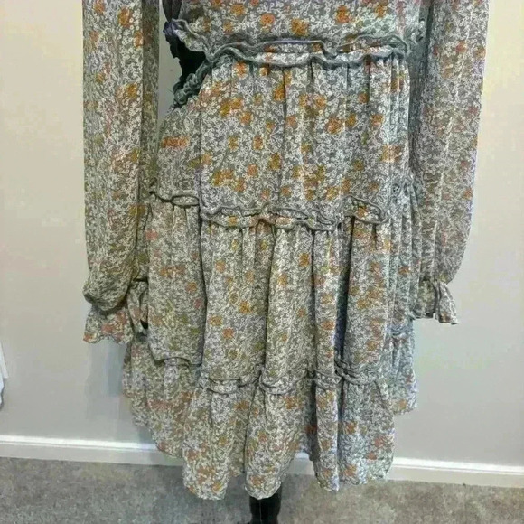 Ditsy Floral Long Sleeve Cut Outs Blue Orange Dress Ruffles Size Small - Picture 7 of 11